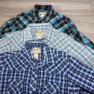 Lot of 3 Wrangler Western Fashion Plaid Pearl Snap Shirts Mens Size XL LS and SL